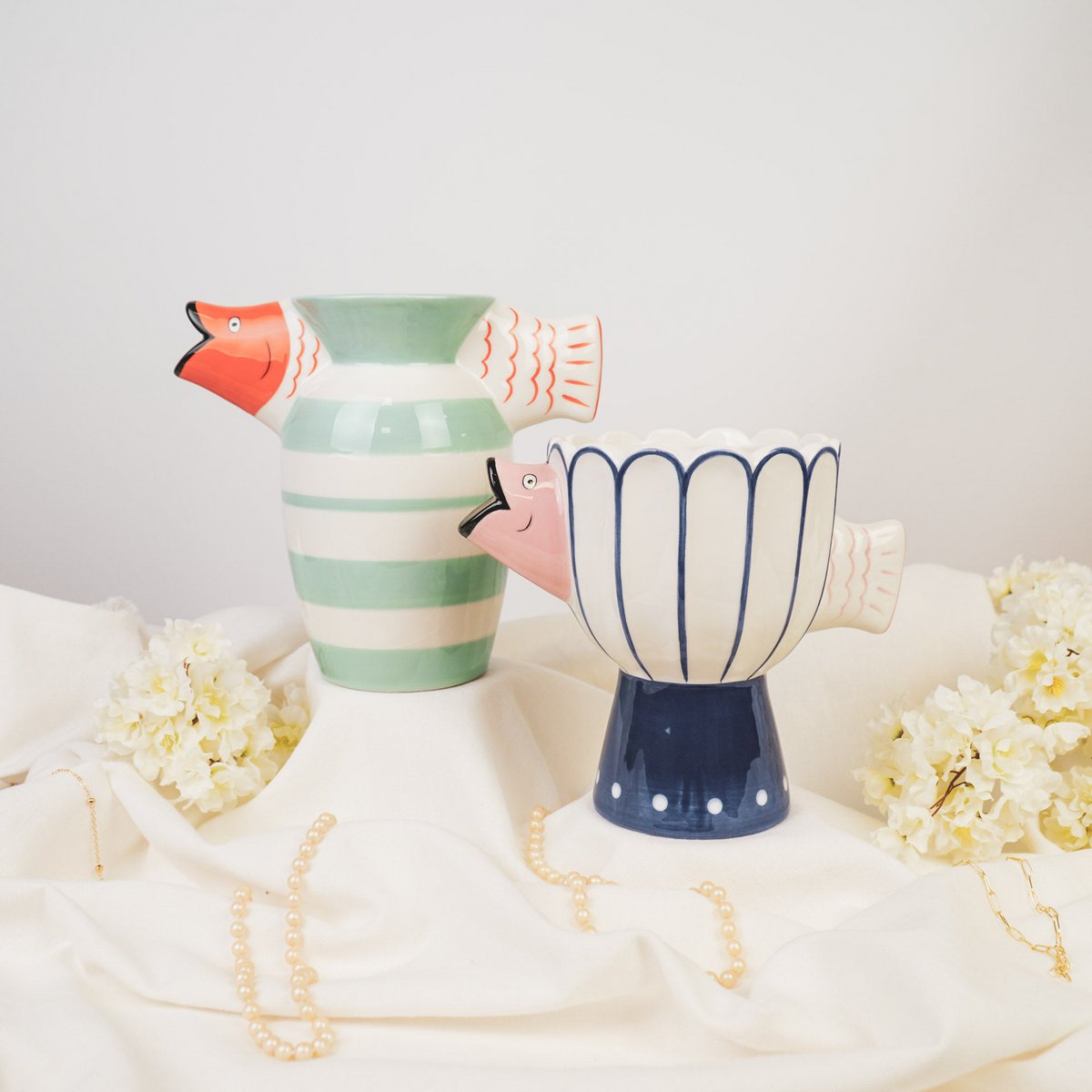 Vase -Schwimmfisch -Dolomit -Mint/Weiß/Orange - 23x12.5x21cm