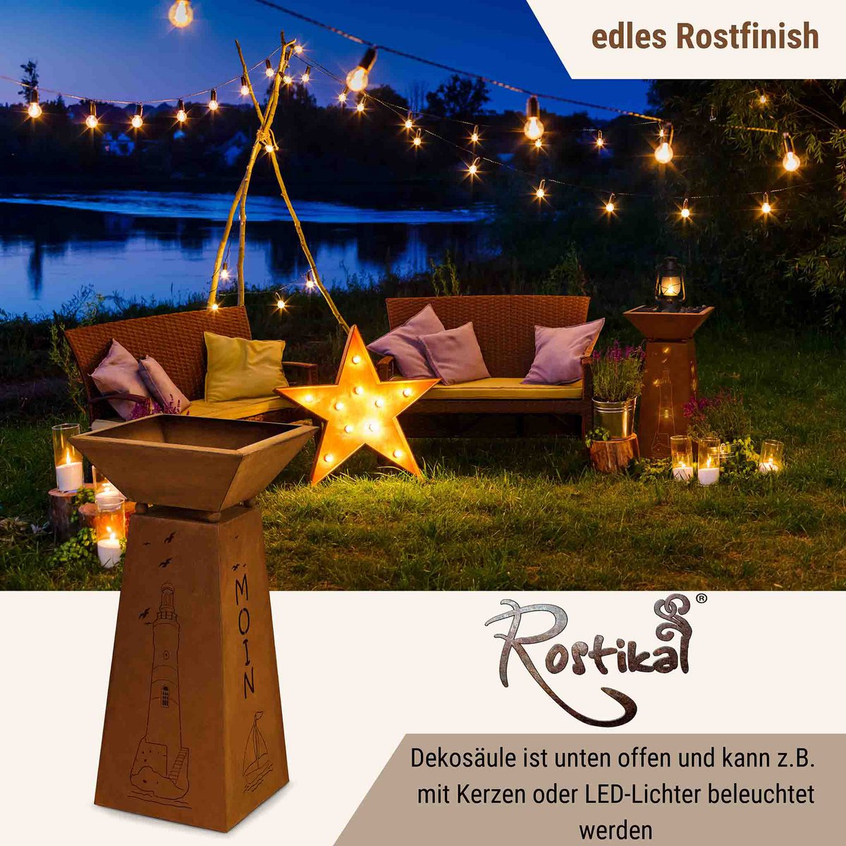 Deko Säule Moin mit Leuchtturm und tiefer Pflanzschale 35 x 35 cm