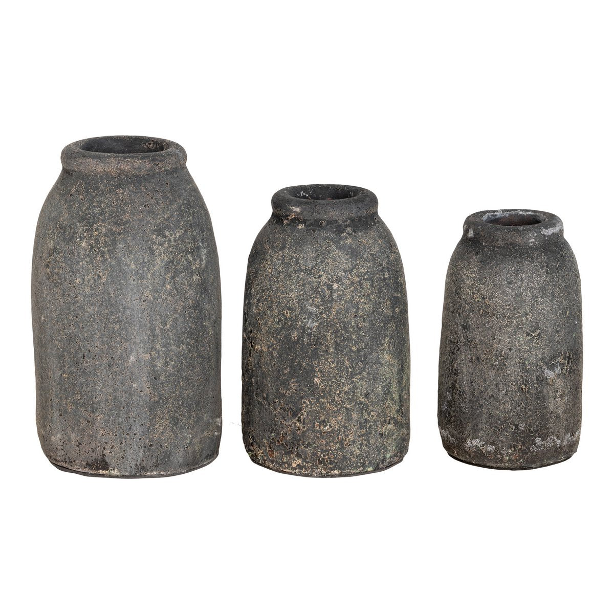 Dekovasen  „Velas“ – Antik-Hellgrau, Terrakotta – 3er-Set