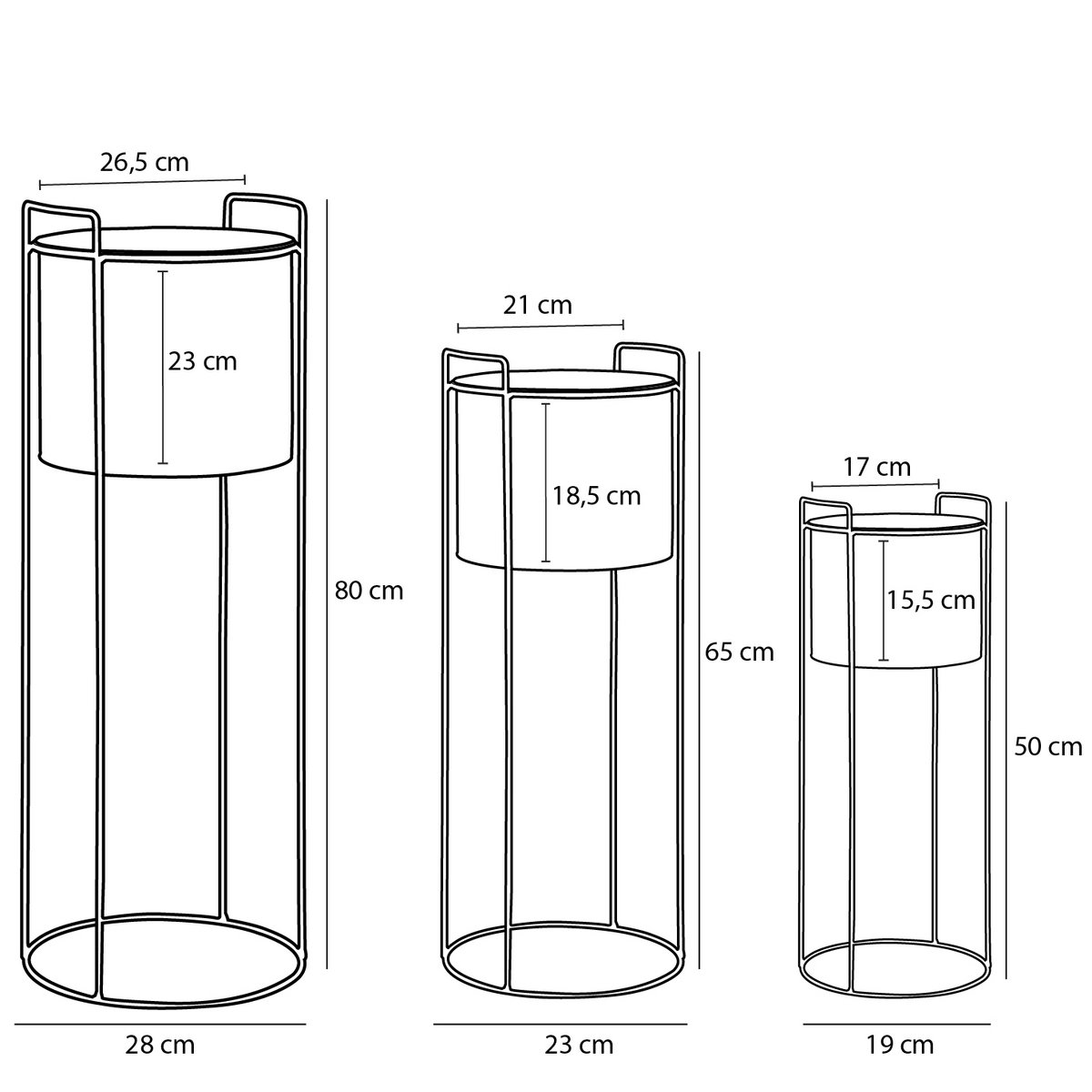 Favani Blumentopf auf Ständer – 3er-Set – H80 x Ø28 cm – Metall – Gold
