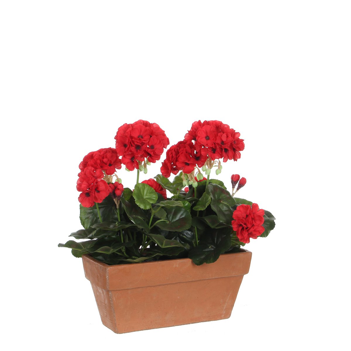 Künstliche Geranienpflanze im Balkonkasten – L29 x B13 x H40 cm – Rot –  Tannendiele BlumenGut Düsseldorf