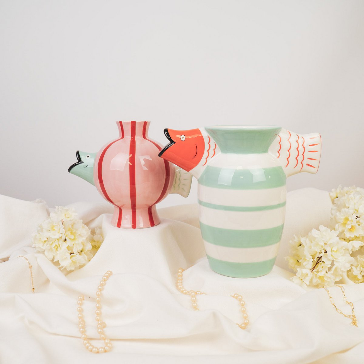 Vase -Schwimmfisch -Dolomit -Mint/Weiß/Orange - 23x12.5x21cm