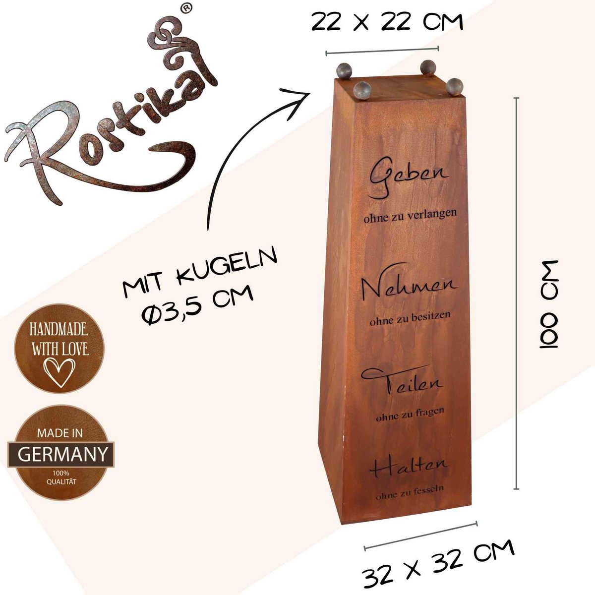 Deko Blumensäule mit Spruch: Geben, Nehmen ... und Pflanzschale | Edelrost Gartendeko | verschiedene Varianten |