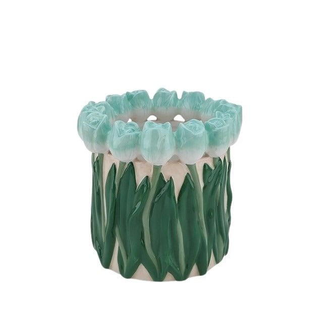 Vase-Blume-Vase mit Tulips-Dolomit-mint/ green-17x17x16cm