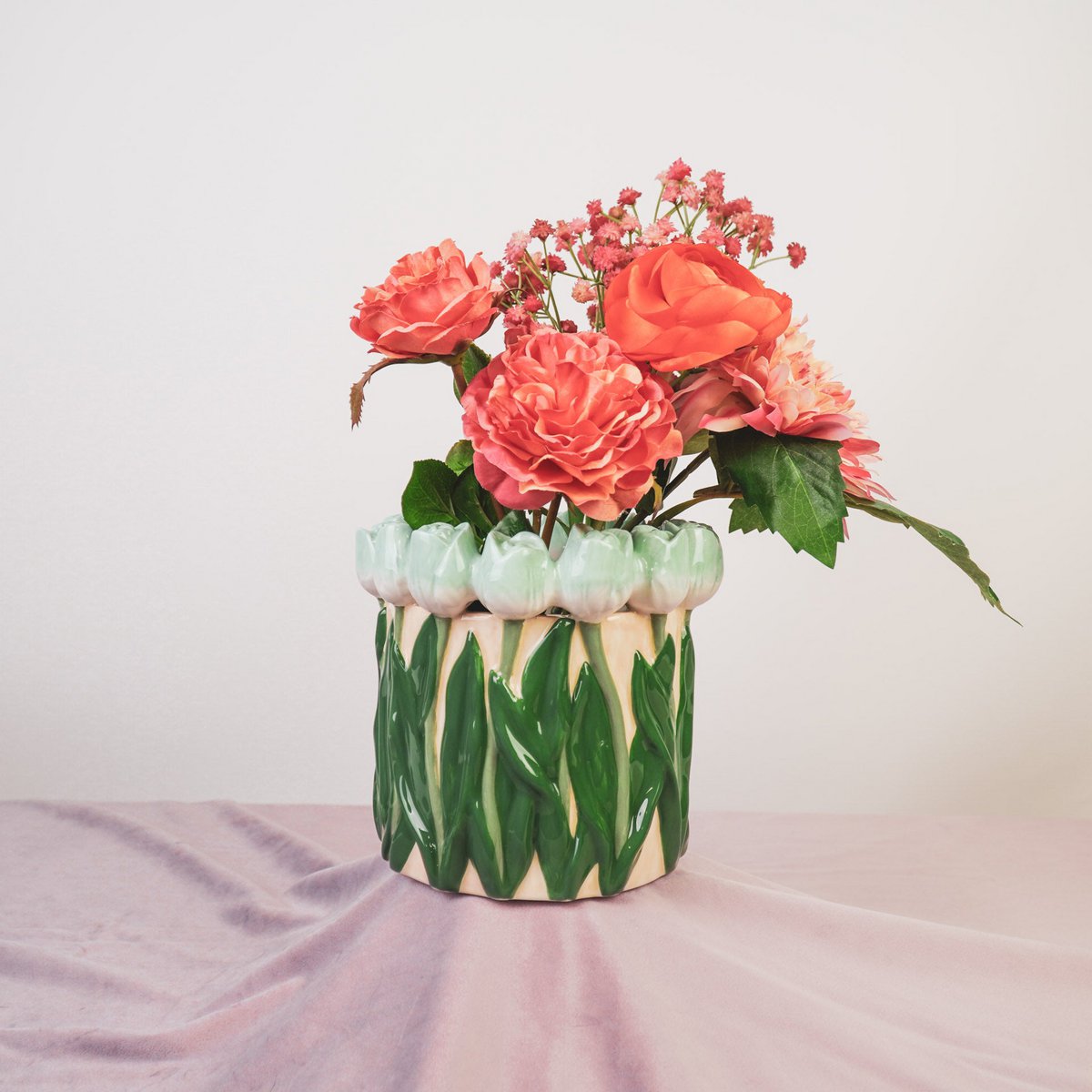 Vase-Blume-Vase mit Tulips-Dolomit-mint/ green-17x17x16cm