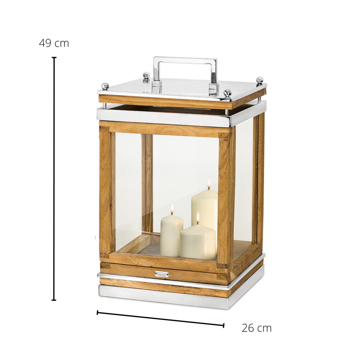 Laterne Huntsville mit Griff, Holz und Edelstahl vernickelt (Höhe 49 cm)