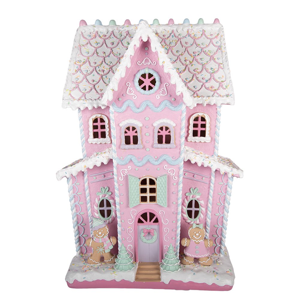 Lebkuchenhaus mit LED-Beleuchtung, Rosa, 54x31x76 cm