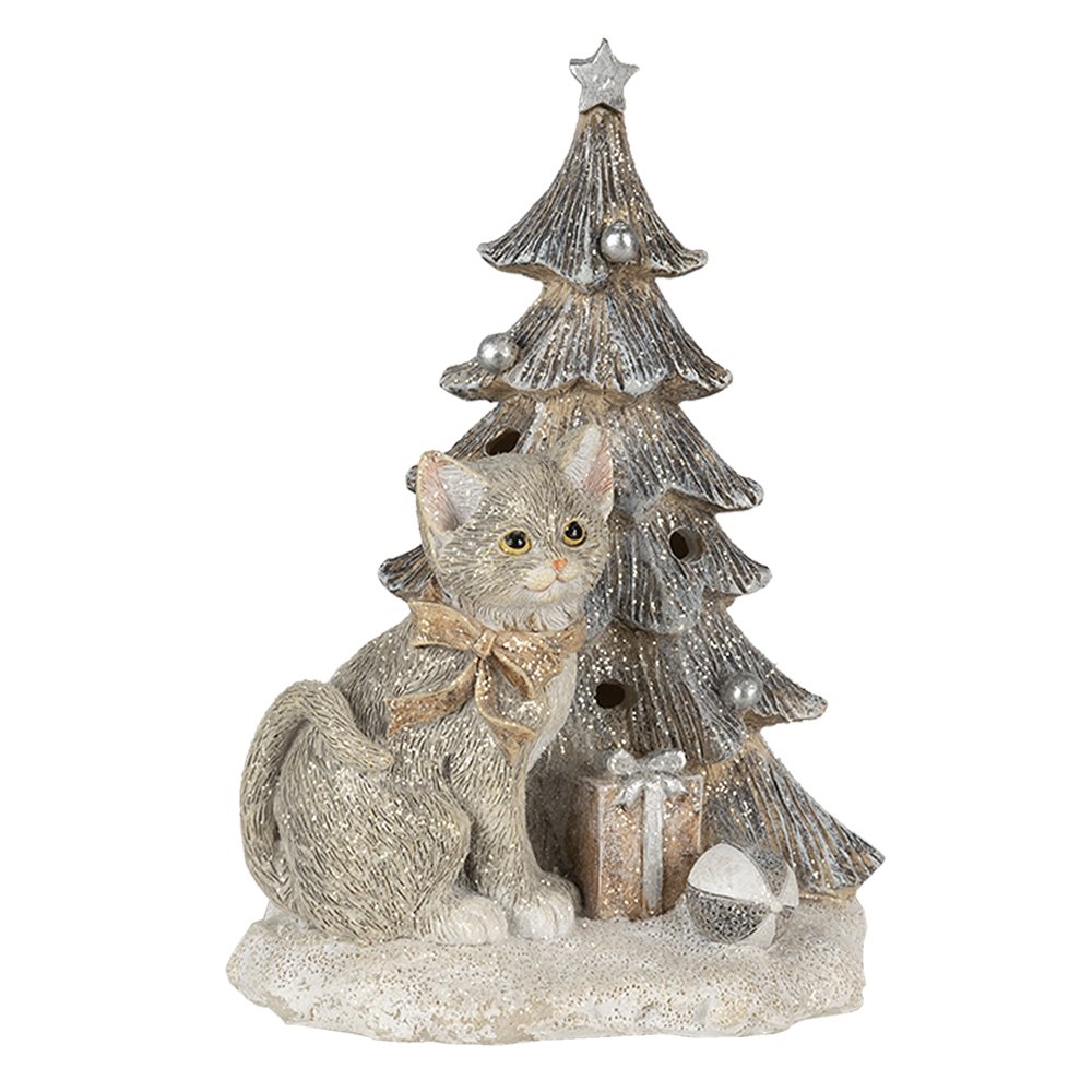 Weihnachtsdekoration Statue Katze Grau, Weiß 12x9x16 cm LED