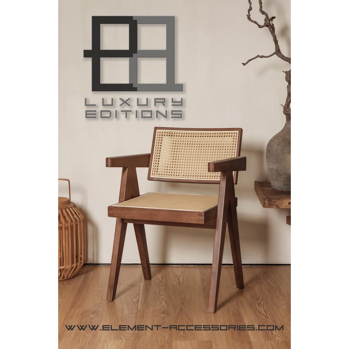 Chandigarh Stuhl – Pierre-Jeanneret-Design in Walnuss und Rattan