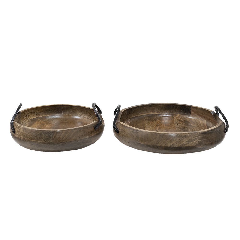 Dekorationstablett Braun, Holz und Metall (2) Ø 36x12 / Ø 29x11 cm