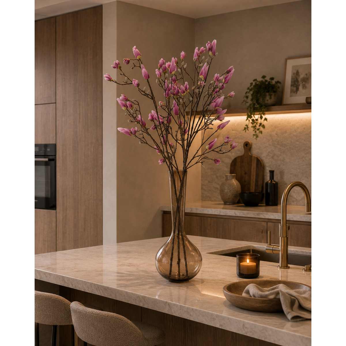 Magnolienzweige Pink mit Rauchglasvase – Tannendiele BlumenGut Düsseldorf
