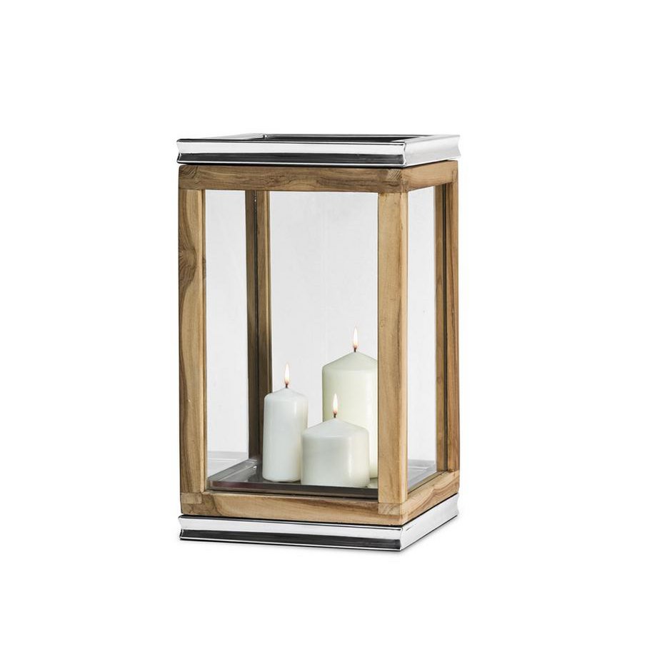 Laterne Dubai, Teakholz und Edelstahl vernickelt (Höhe 44 cm)
