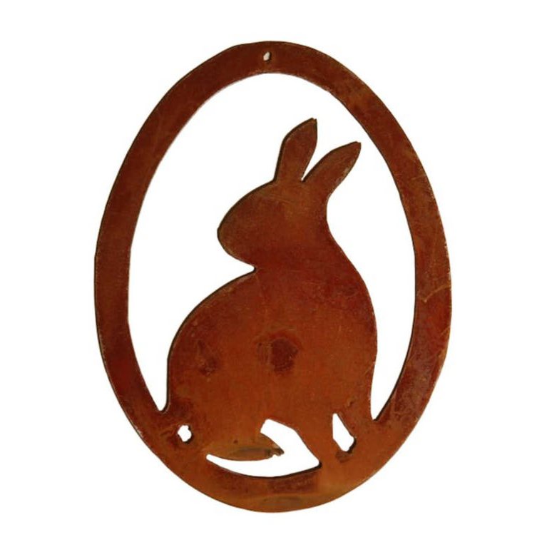 Rost Deko Hase im Ei | Fensterdeko hängend zu Ostern | 15 cm x 11 cm | sitzender Hase | Ostereier zum aufhängen